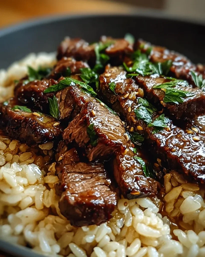 Honey Garlic Butter Steak and Rice Skillet dish garnished and ready to serve.