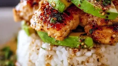Honey Lime Chicken served in an avocado rice stack, delicious and nutritious dish.