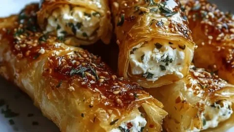 Indulgent Oven Fried Feta Rolls with Chili Honey topping