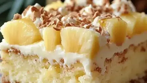Delicious Hawaiian Pineapple Cake topped with cream cheese frosting on a plate.