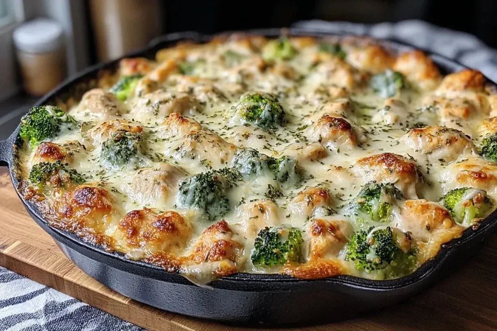 Keto Chicken Alfredo Broccoli Bake served in a casserole dish with fresh herbs