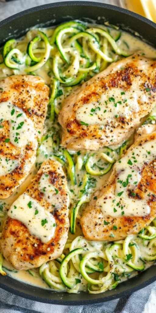 Delicious Keto Chicken Alfredo served with zucchini noodles
