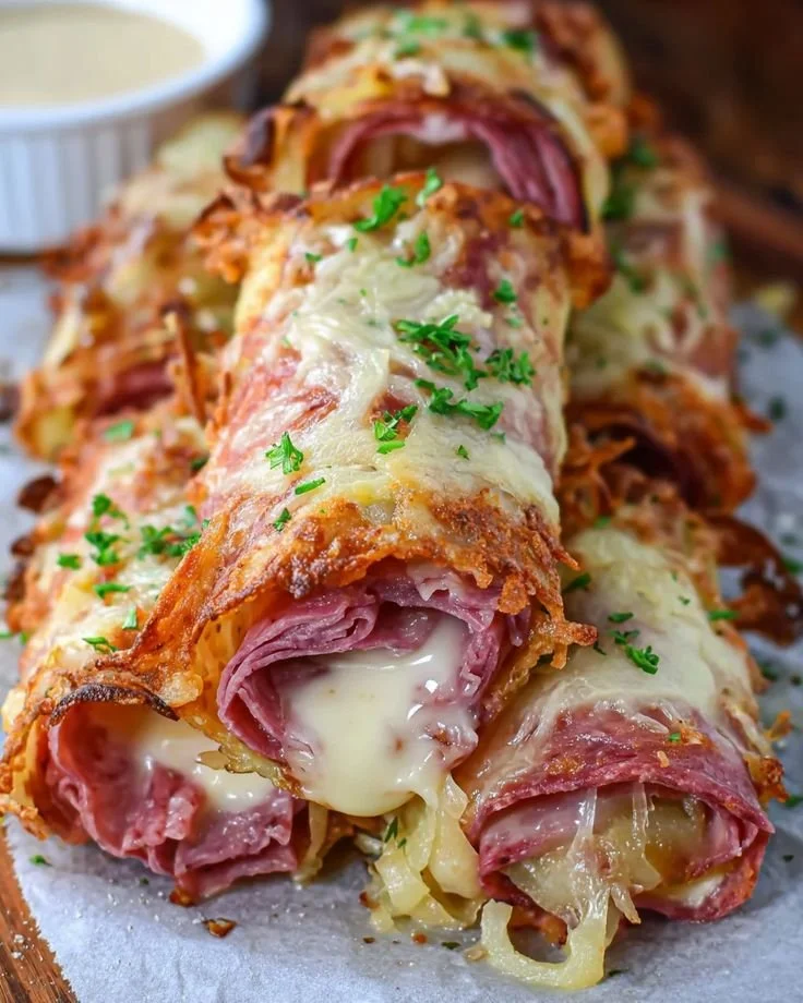 Keto Crispy Reuben Roll-Ups served on a plate with fresh ingredients.