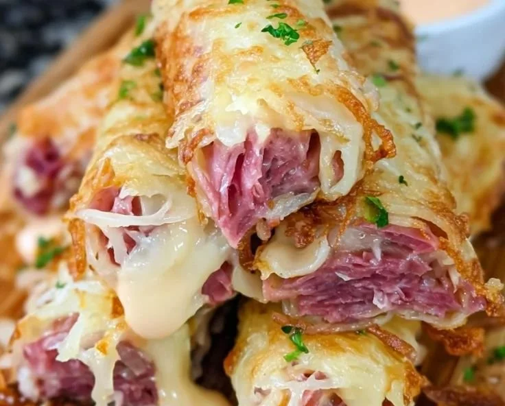 Keto Crispy Reuben Roll-Ups served on a plate with mustard dip.