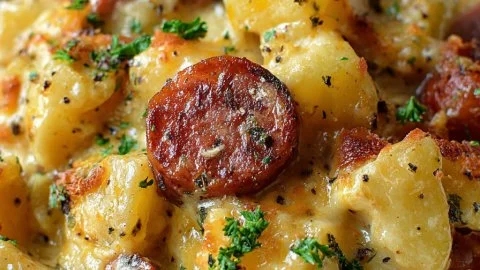 Delicious Kielbasa sausage cheesy potato casserole served in a baking dish.