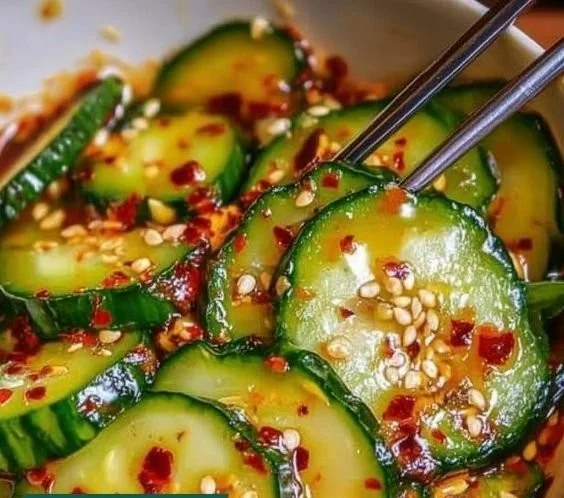 Delicious Korean Cucumber Salad served in a bowl with colorful vegetables.