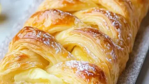 Lemon Cream Cheese Puff Pastry Braid ready to be served, showcasing its flaky texture and vibrant lemon filling.