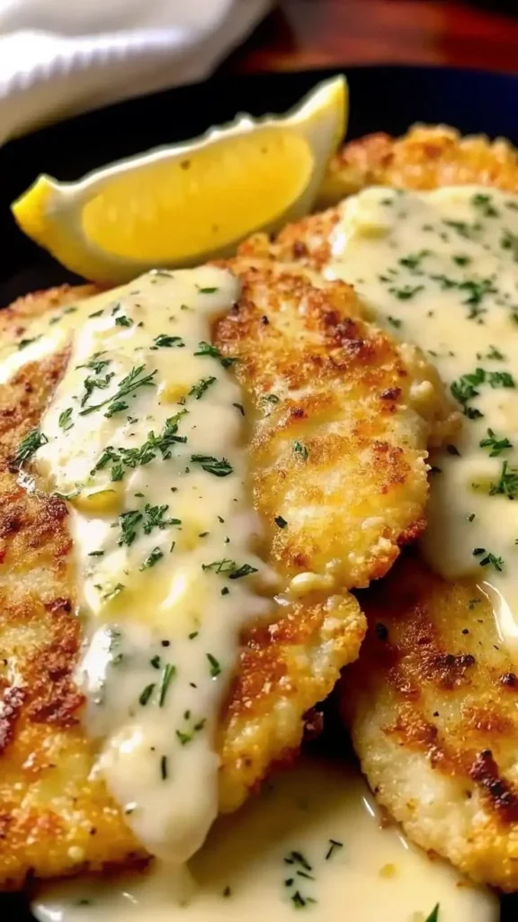 Lemon Pecorino Crusted Chicken served with creamy lemon sauce on a plate