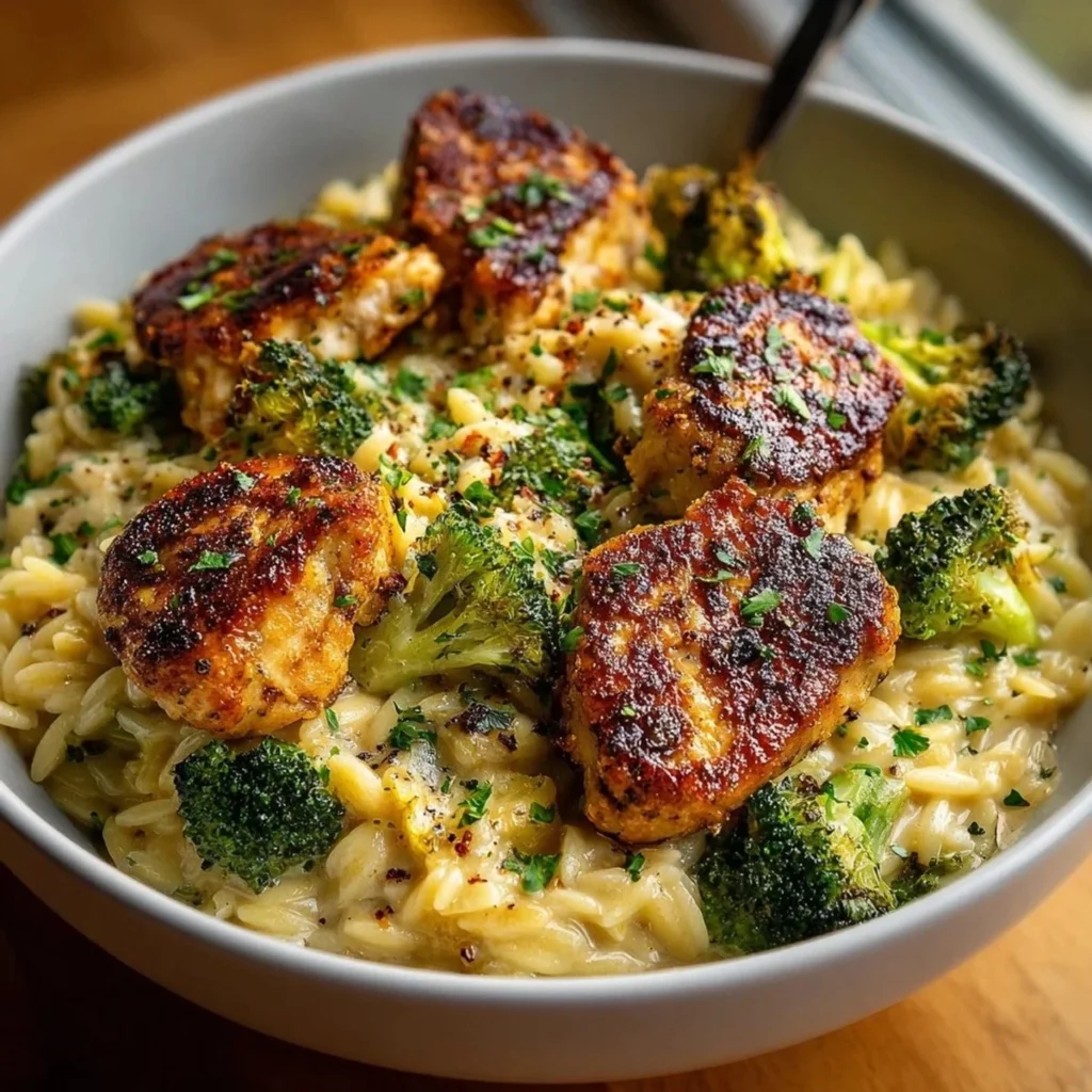 Lemon pepper chicken served with broccoli and orzo pasta on a plate