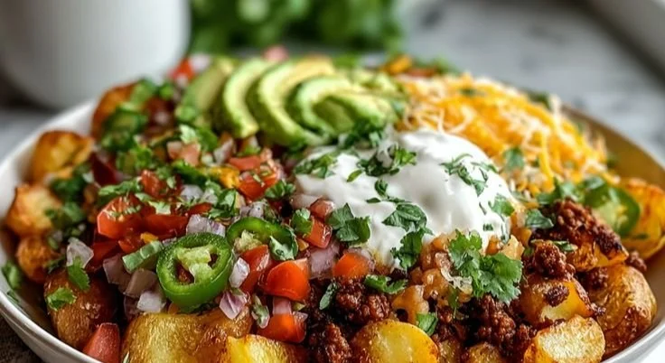 Delicious Loaded Potato Taco Bowl with toppings and vibrant ingredients