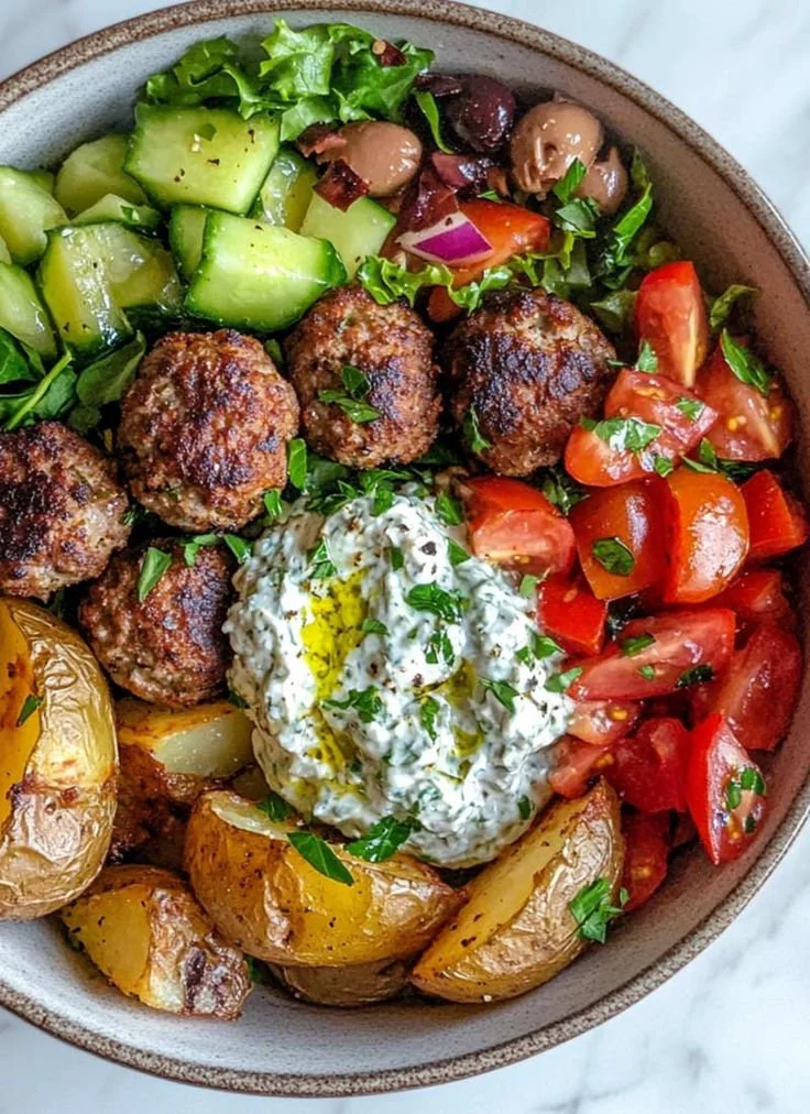Mediterranean Beef Meatball Bowl with fresh vegetables and herbs