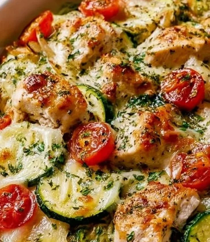 Mediterranean Chicken Zucchini Bake with vibrant veggies and herbs