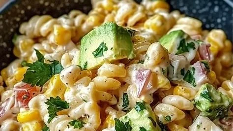 Delicious Mexican street corn pasta salad with vibrant toppings and flavors.