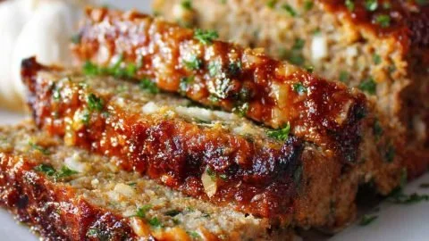 Delicious Garlic Parmesan Meatloaf served on a plate with herbs