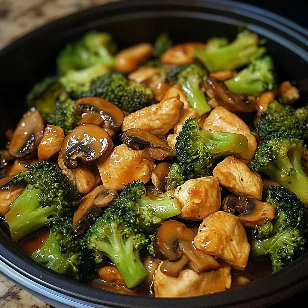 Delicious chicken stir-fry with broccoli and mushrooms in a colorful dish