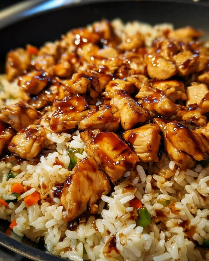 One-Pan Bold Honey BBQ Chicken Rice served in a skillet with fresh vegetables.