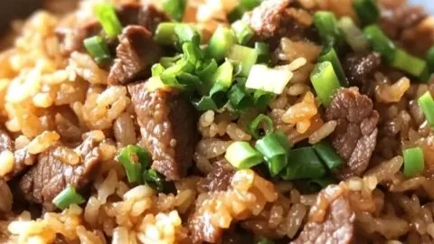 Plate of Onion Beef Fried Rice with fresh vegetables and beef slices