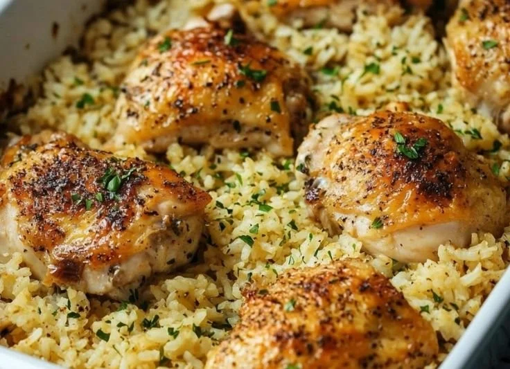 Delicious oven-baked chicken served with rice on a plate
