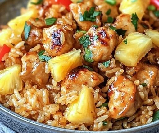 Delicious plate of pineapple chicken and rice with colorful vegetables
