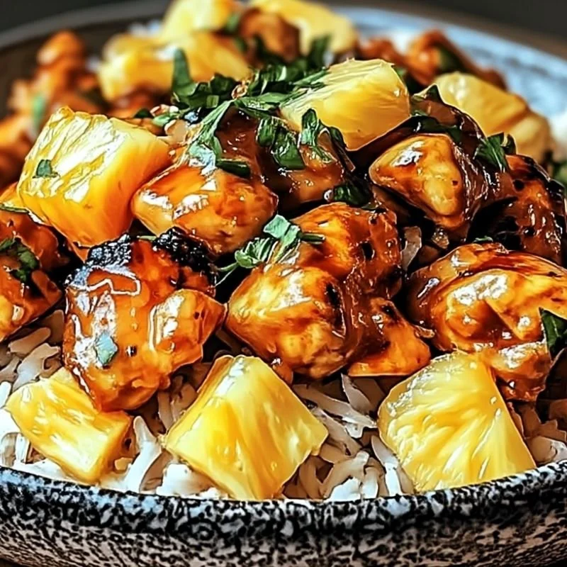 Plate of pineapple chicken and rice, a sweet and savory dinner dish