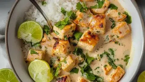 Delicious vegan coconut lime tofu served with fresh herbs and lime wedges.