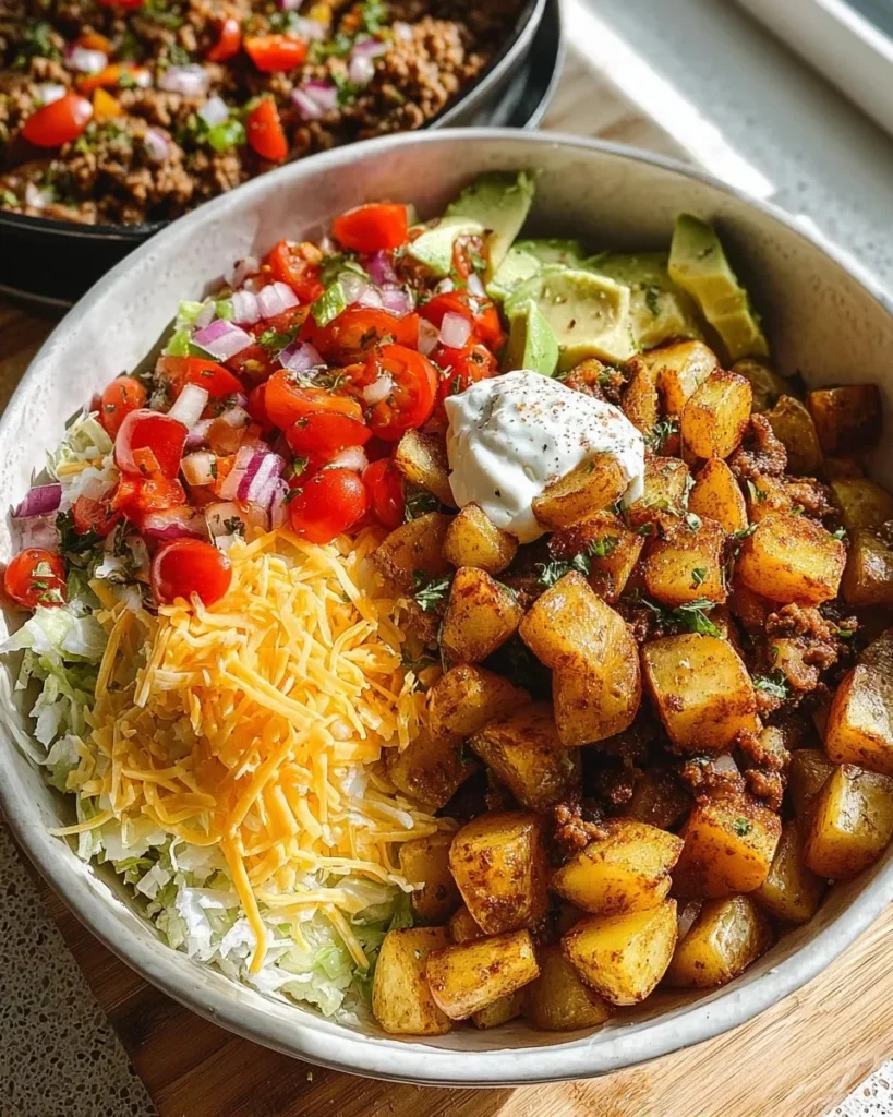 Quick potato taco bowl meal prep with colorful ingredients in a bowl