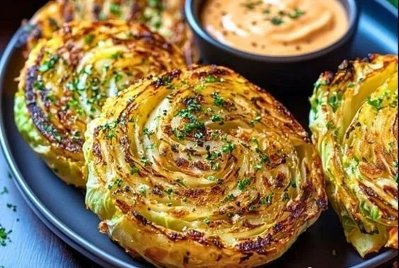 Delicious roasted cabbage steaks served on a plate with seasoning.