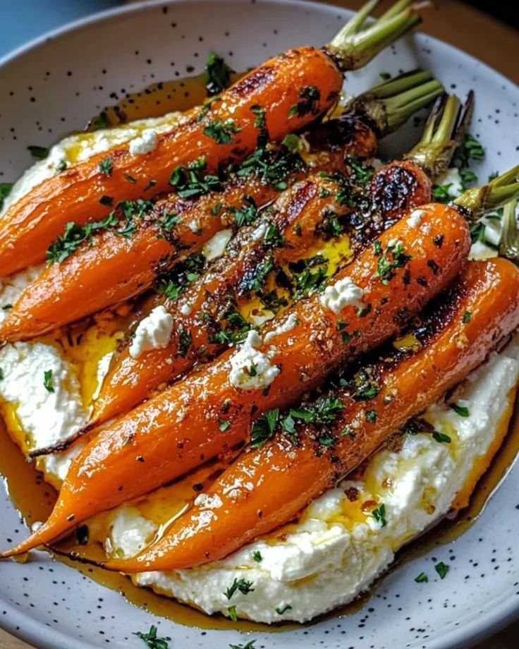 Delicious roasted carrots topped with whipped ricotta and drizzled with hot honey.