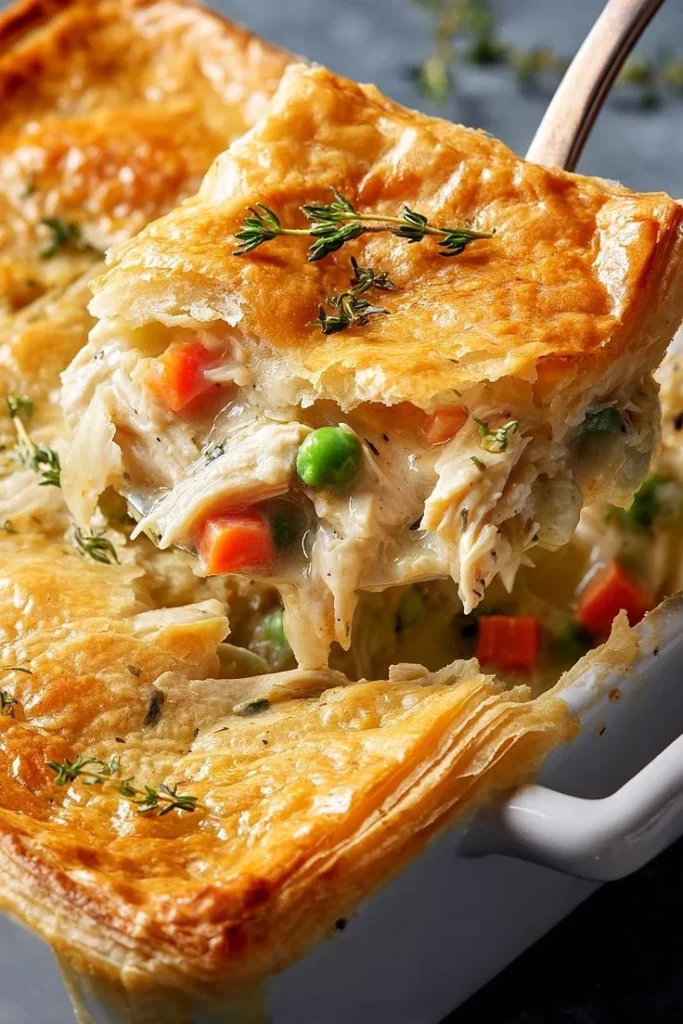 Rotisserie Chicken Pot Pie Casserole topped with flaky crust and fresh vegetables