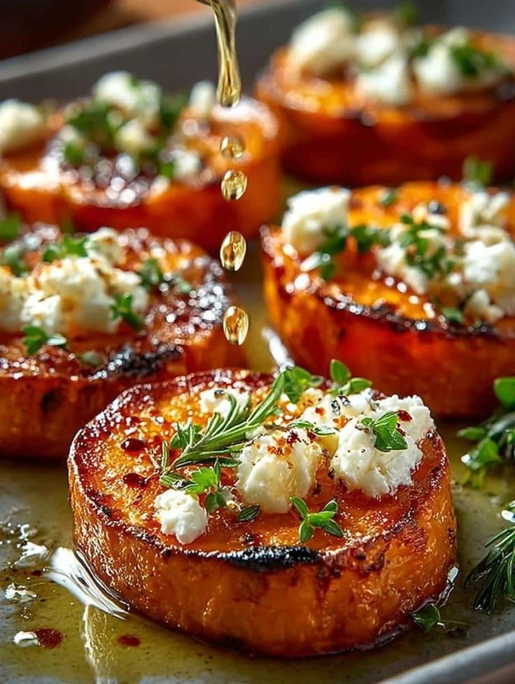 Savory roasted sweet potato rounds drizzled with honey and topped with feta cheese.