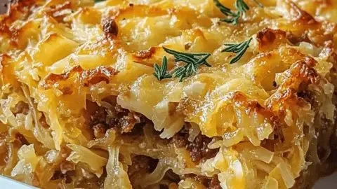 Savory sauerkraut casserole topped with cheese and herbs in a baking dish