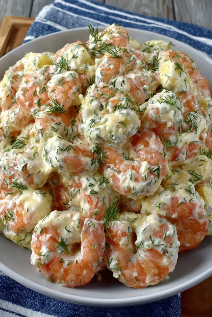 Fresh shrimp salad with vegetables and dressing