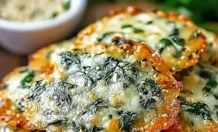 Bowl of homemade Spinach Cheese Crisps on a wooden table.