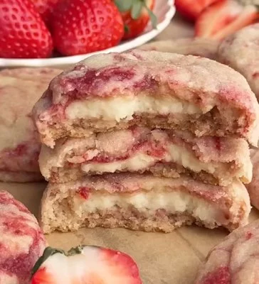 Delicious strawberry cheesecake cookies with a creamy filling and fresh strawberries.