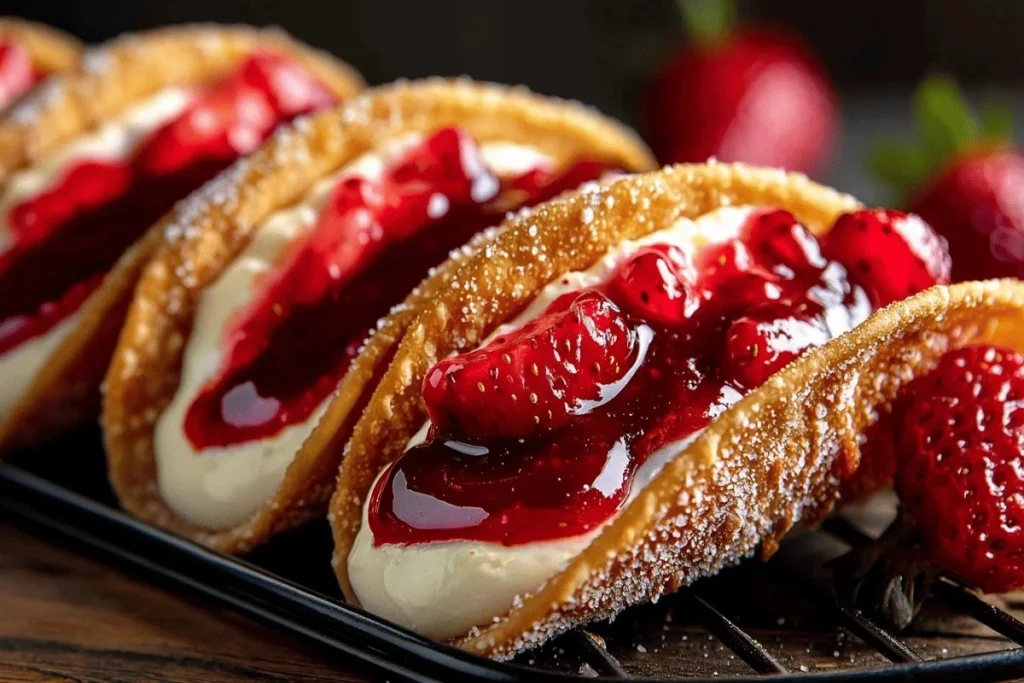 Delicious strawberry cheesecake tacos served on a plate with fresh strawberries