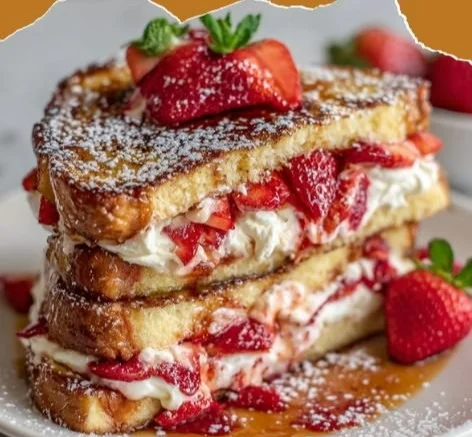 Delicious Strawberry Cheesecake Stuffed French Toast topped with fresh strawberries