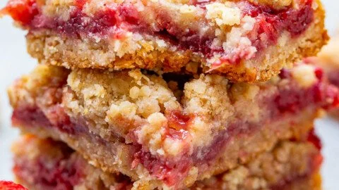 Delicious strawberry oatmeal crumble bars fresh from the oven.