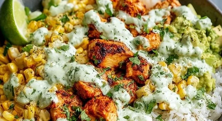 Delicious Street Corn Chicken Rice Bowl with grilled chicken and fresh ingredients
