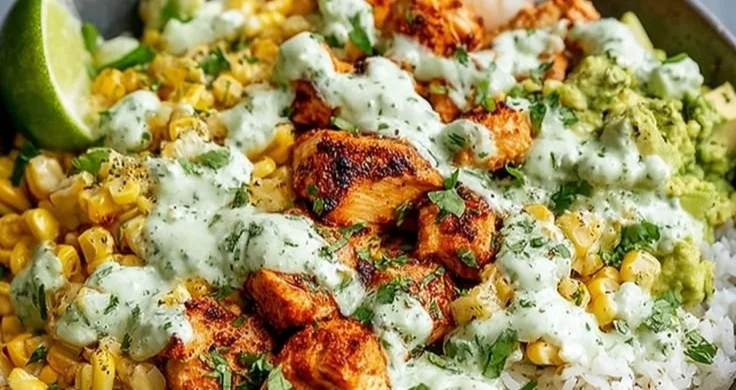 Delicious street corn chicken rice bowl featuring fresh ingredients and vibrant flavors.