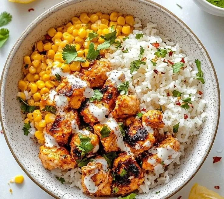 Delicious Street Corn Chicken Rice Bowl with grilled chicken and corn toppings