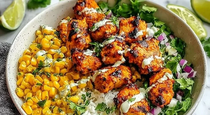 Delicious Street Corn Chicken Rice Bowl with grilled chicken and fresh corn