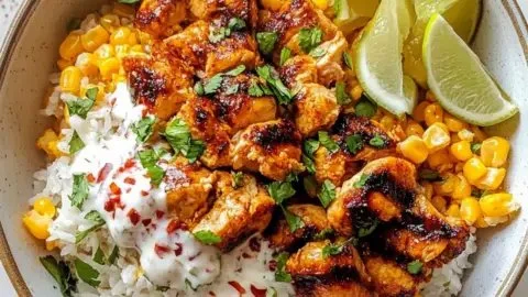 Delicious Street Corn Chicken Rice Bowl with grilled chicken and fresh corn