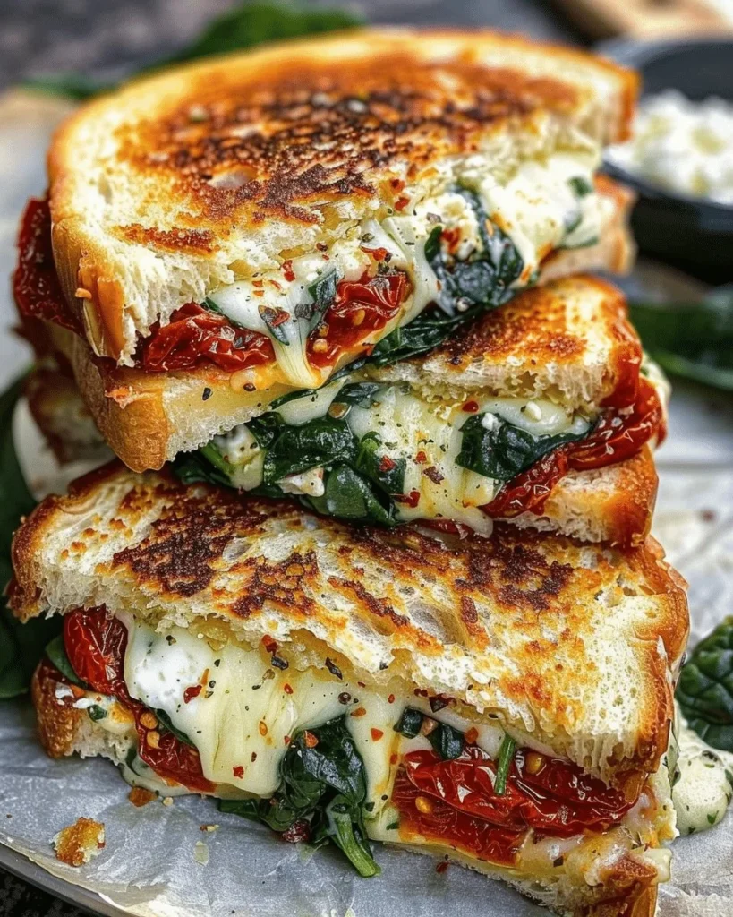 Sun-Dried Tomato, Spinach, and Ricotta Grilled Cheese sandwich on a plate