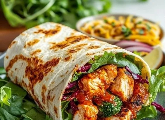 Sweet Chili Chicken Wraps served with fresh vegetables