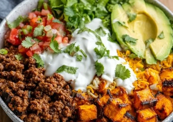 A colorful sweet potato taco bowl topped with fresh vegetables and avocado.
