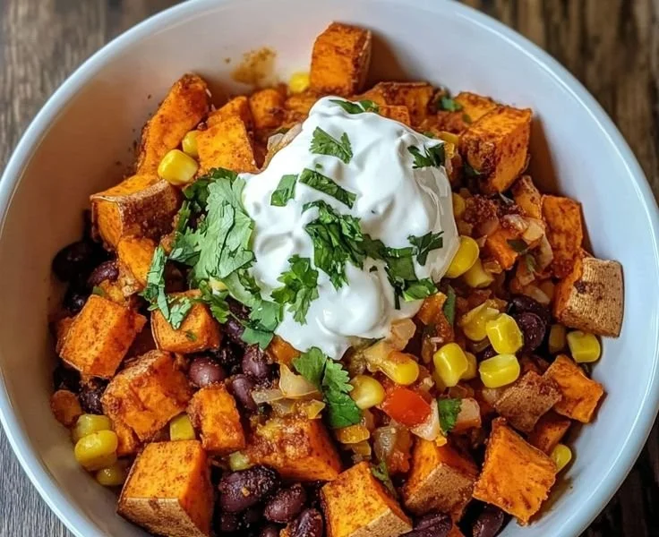 Colorful sweet potato taco bowl with fresh toppings and ingredients