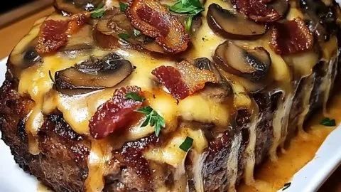 Delicious Swiss Bacon Mushroom Meatloaf served with herbs and vegetables
