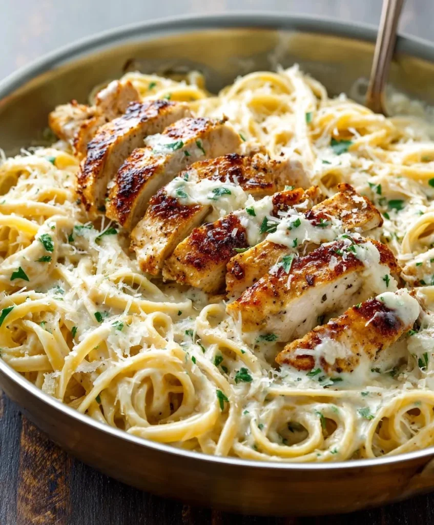 Creamy garlic parmesan chicken pasta served in a bowl with fresh herbs