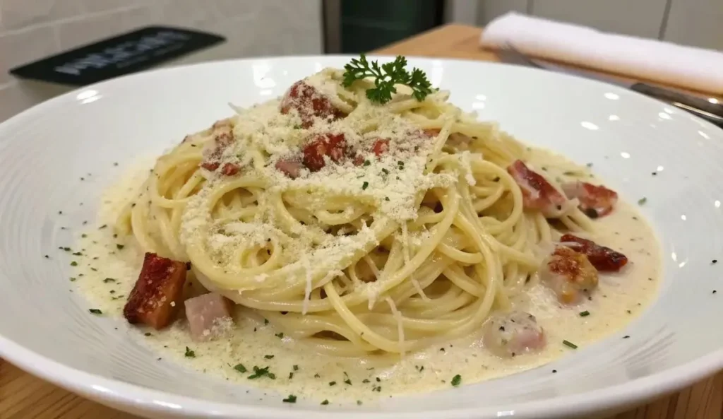 Bowl of creamy spaghetti carbonara topped with cheese and parsley