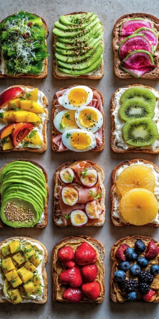 An assortment of delicious toast recipes with various toppings.